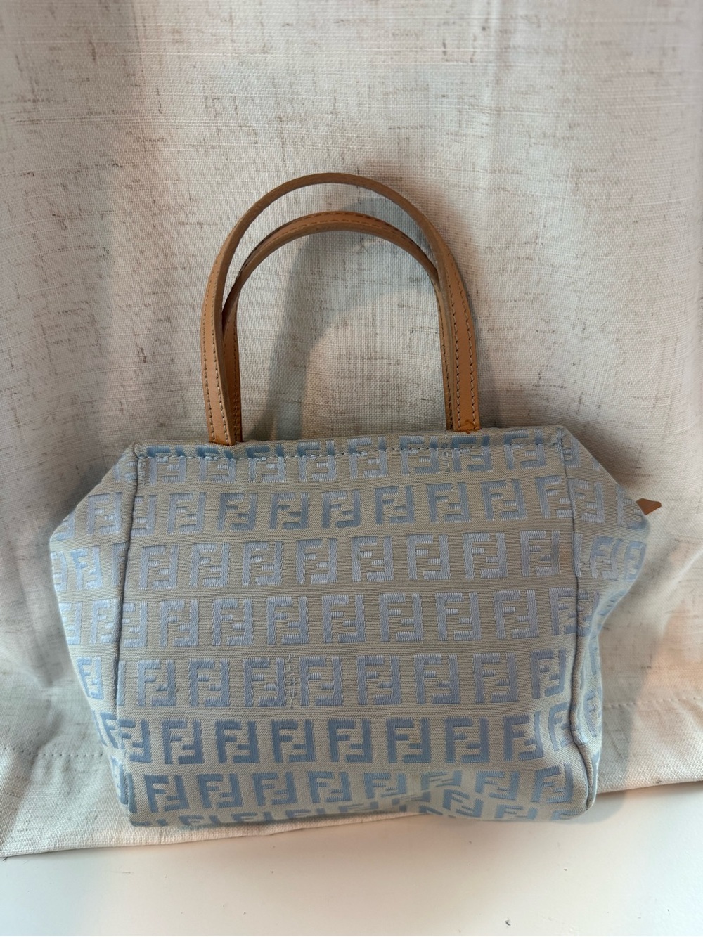 Fendi Light Blue Zucca Mini Tote with Tan Leather Handles